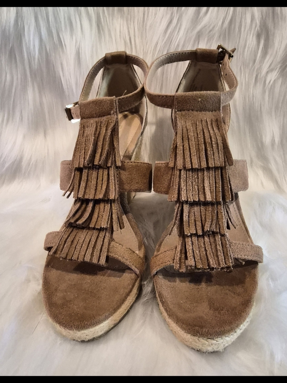 Report Tan Suede Fringe Espadrille Wedge Sandals